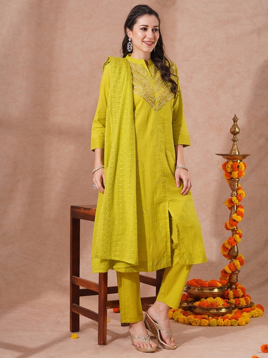 Solid Mirror & Zari Embroidered Schiffili Kurta with Pants & Dupatta - Lime Green