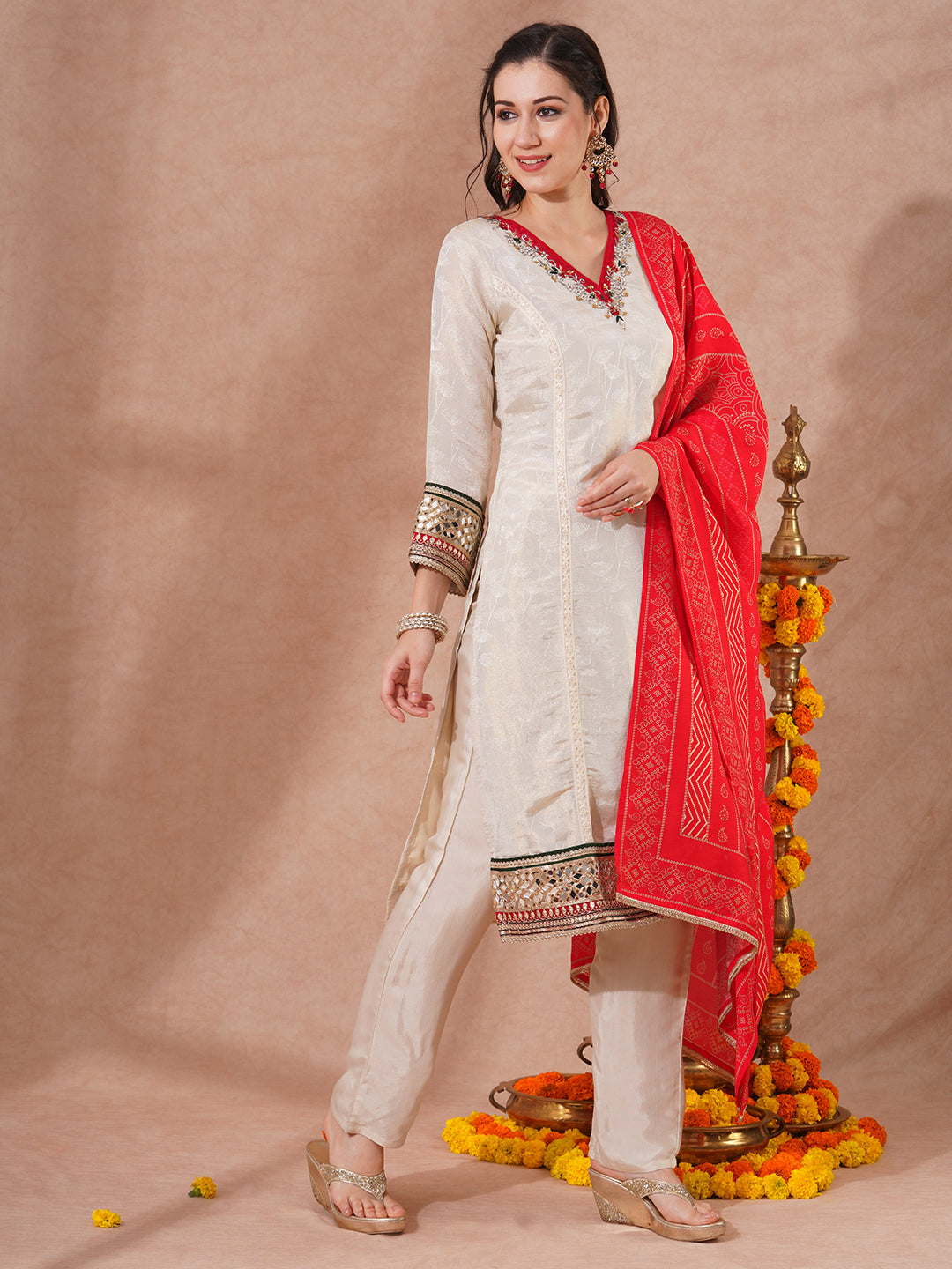 Solid Ethnic Hand Embroidered Straight Fit Kurta with Pant & Dupatta - Off White