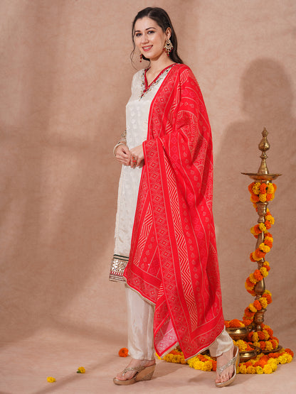 Solid Ethnic Hand Embroidered Straight Fit Kurta with Pant & Dupatta - Off White