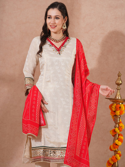 Solid Ethnic Hand Embroidered Straight Fit Kurta with Pant & Dupatta - Off White