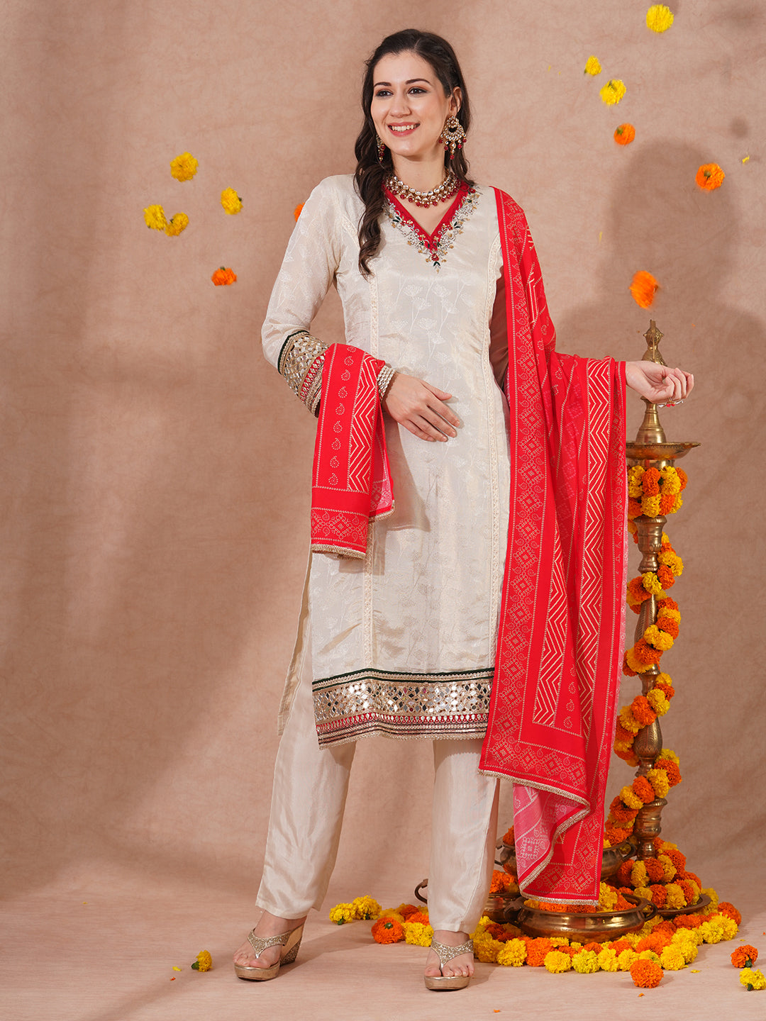 Solid Ethnic Hand Embroidered Straight Fit Kurta with Pant & Dupatta - Off White