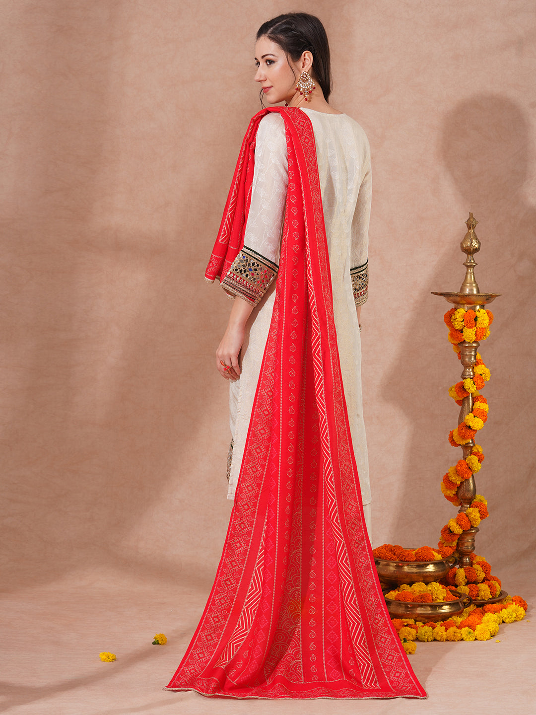 Solid Ethnic Hand Embroidered Straight Fit Kurta with Pant & Dupatta - Off White