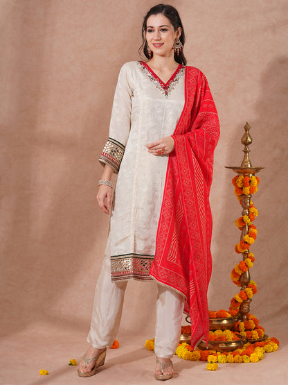 Solid Ethnic Hand Embroidered Straight Fit Kurta with Pant & Dupatta - Off White