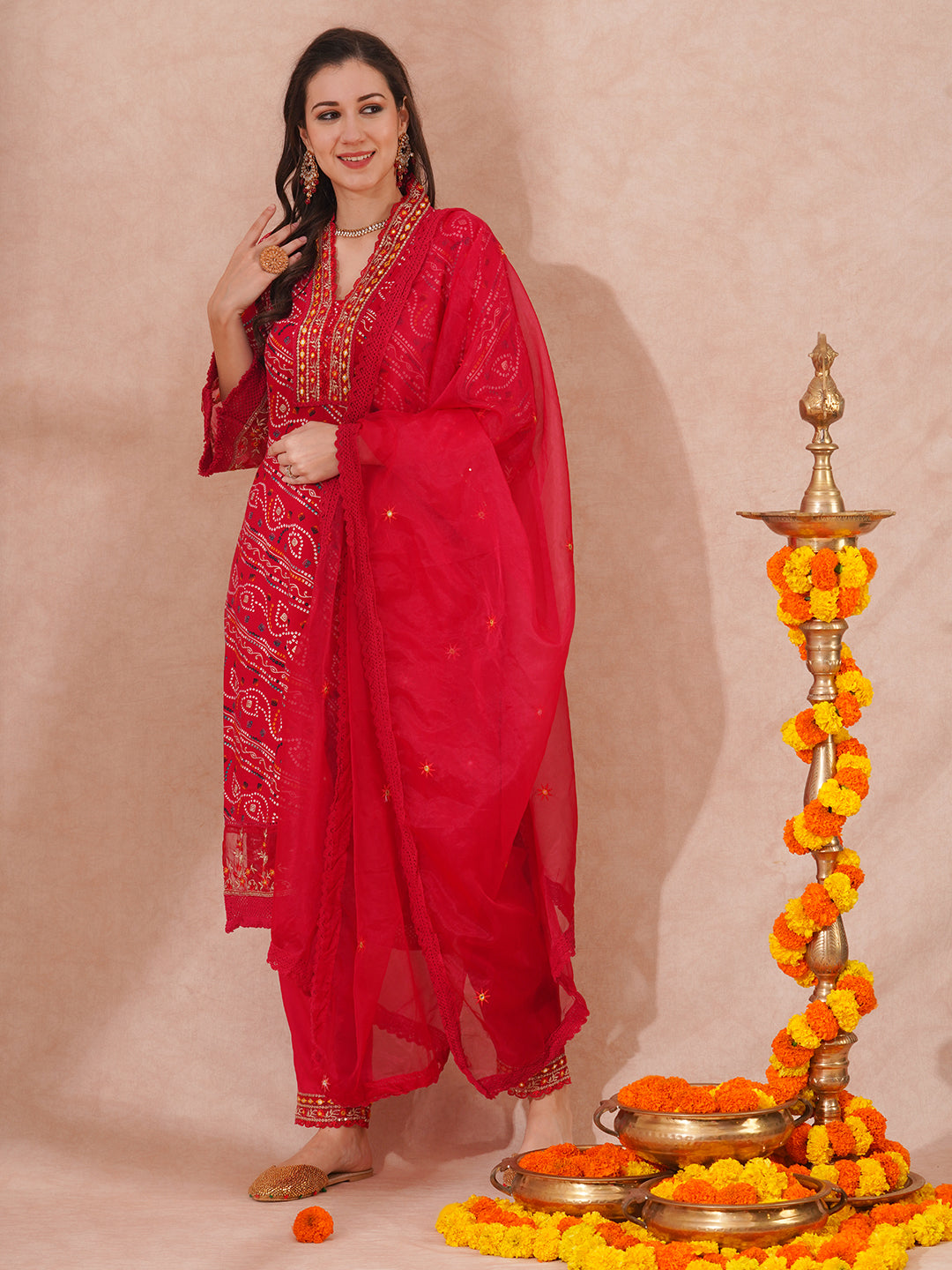 Bandhani Printed & Embroidered Straight Fit Kurta with Pant and Dupatta - Red