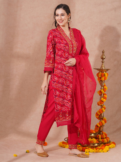 Bandhani Printed & Embroidered Straight Fit Kurta with Pant and Dupatta - Red