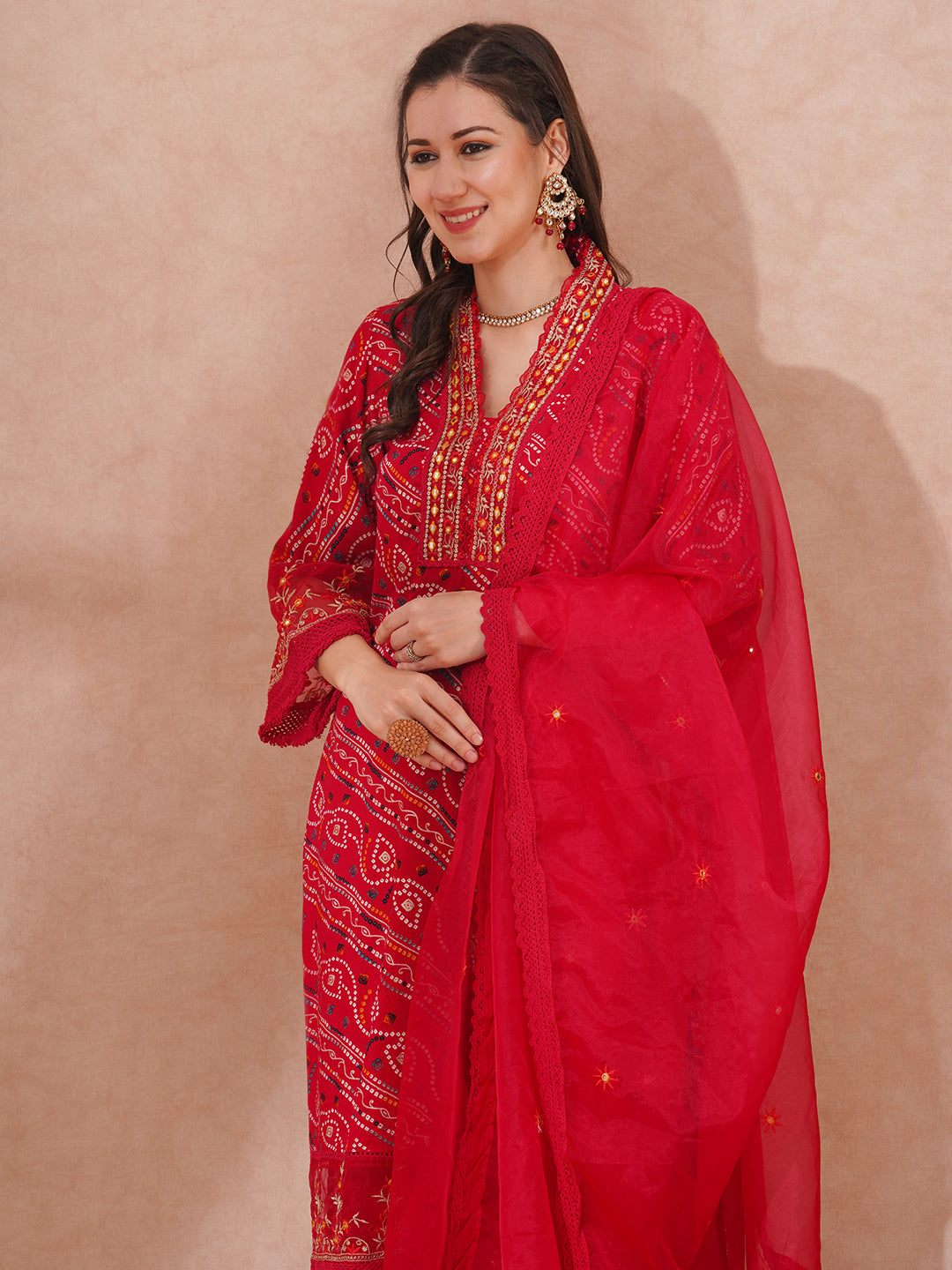 Bandhani Printed & Embroidered Straight Fit Kurta with Pant and Dupatta - Red