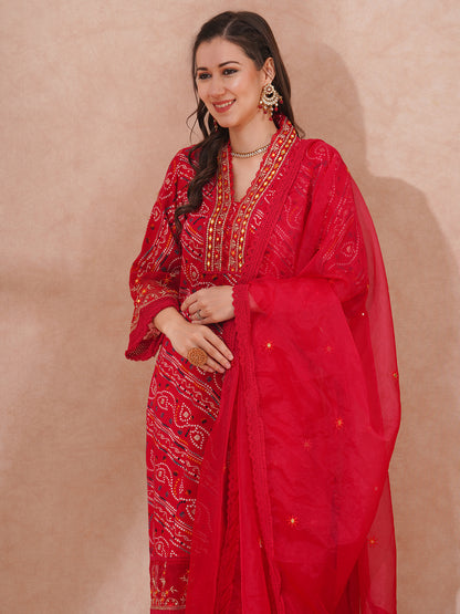 Bandhani Printed & Embroidered Straight Fit Kurta with Pant and Dupatta - Red