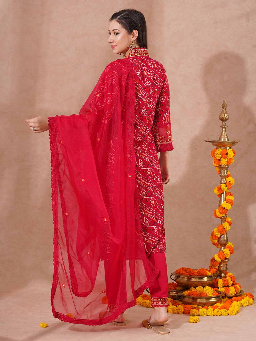 Bandhani Printed & Embroidered Straight Fit Kurta with Pant and Dupatta - Red