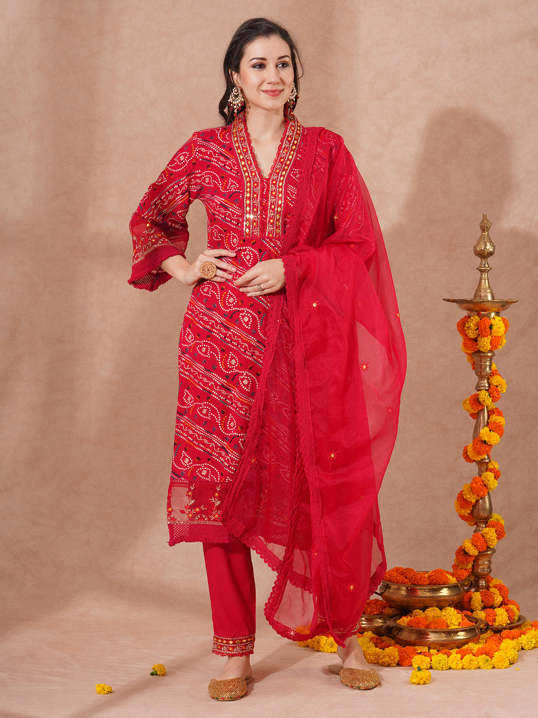 Bandhani Printed & Embroidered Straight Fit Kurta with Pant and Dupatta - Red