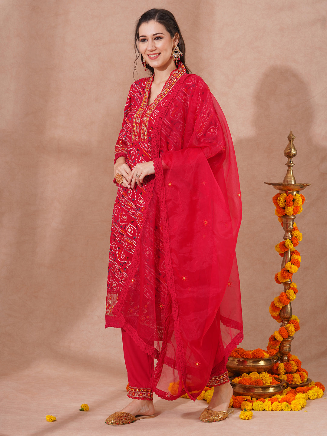 Bandhani Printed & Embroidered Straight Fit Kurta with Pant and Dupatta - Red