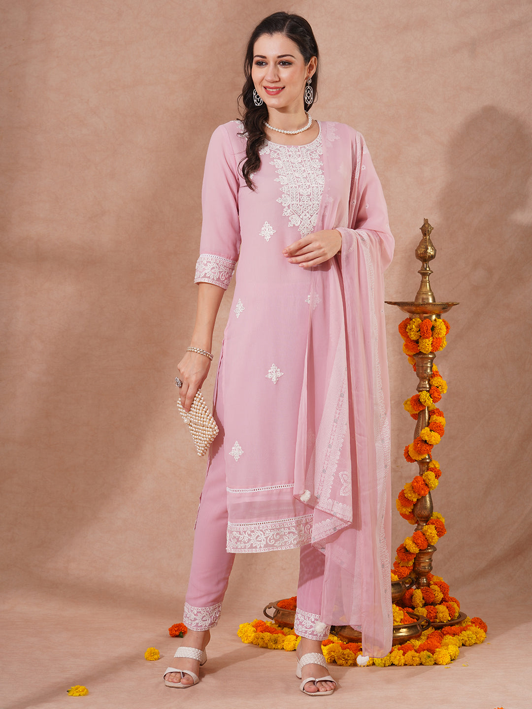 Floral Embroidered Straight Fit Kurta with Pant & Khari Printed Dupatta - Pink