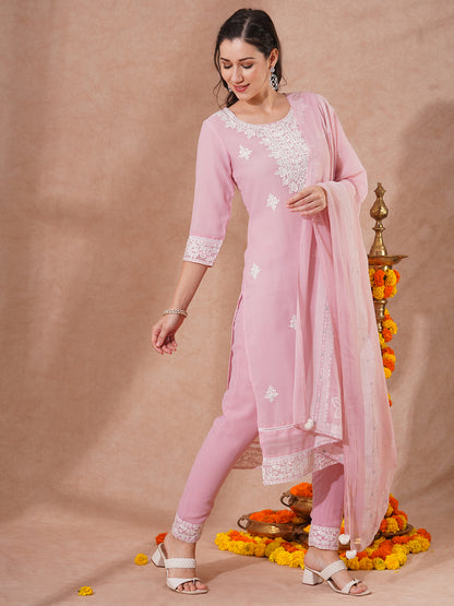 Floral Embroidered Straight Fit Kurta with Pant & Khari Printed Dupatta - Pink