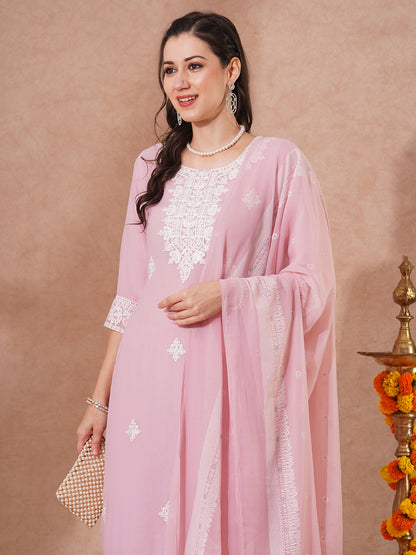 Floral Embroidered Straight Fit Kurta with Pant & Khari Printed Dupatta - Pink