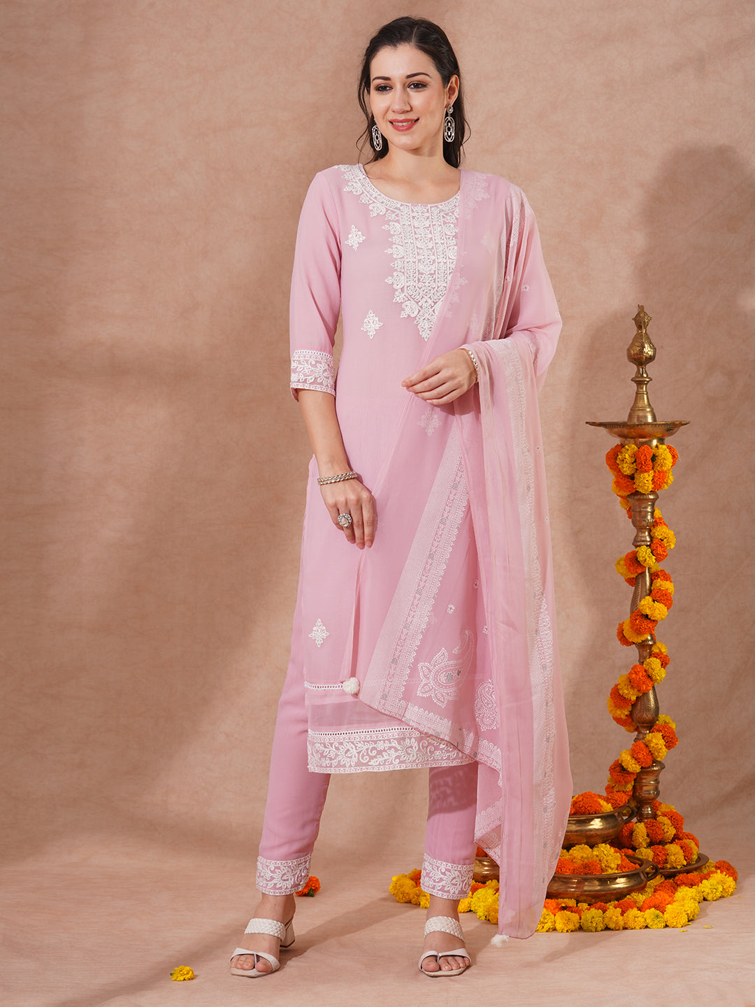 Floral Embroidered Straight Fit Kurta with Pant & Khari Printed Dupatta - Pink