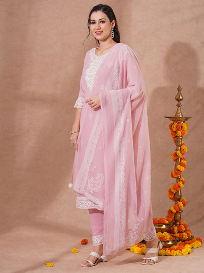 Floral Embroidered Straight Fit Kurta with Pant & Khari Printed Dupatta - Pink