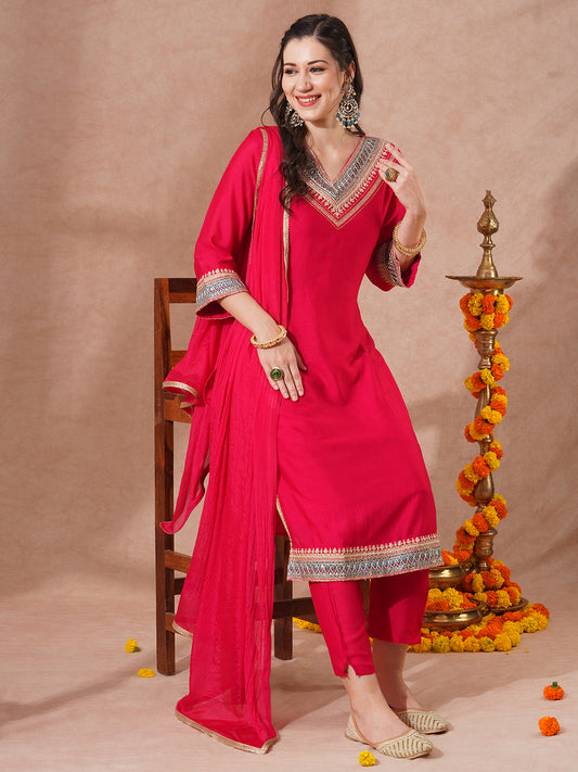 Solid Ethnic Embroidered Straight Kurta with Pant Dupatta - Pink