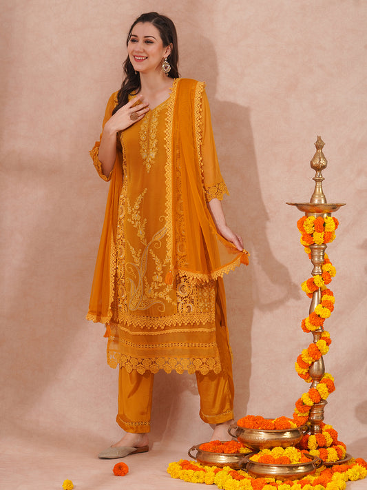 Floral Embroidered Straight Fit Kurta with Pant & Dupatta - Mustard