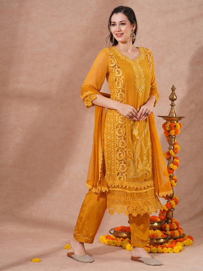 Floral Embroidered Straight Fit Kurta with Pant & Dupatta - Mustard