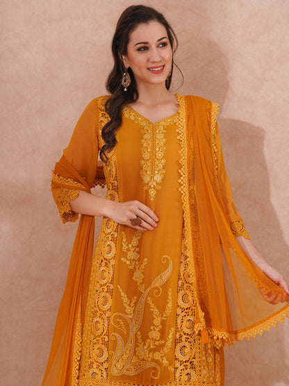 Floral Embroidered Straight Fit Kurta with Pant & Dupatta - Mustard