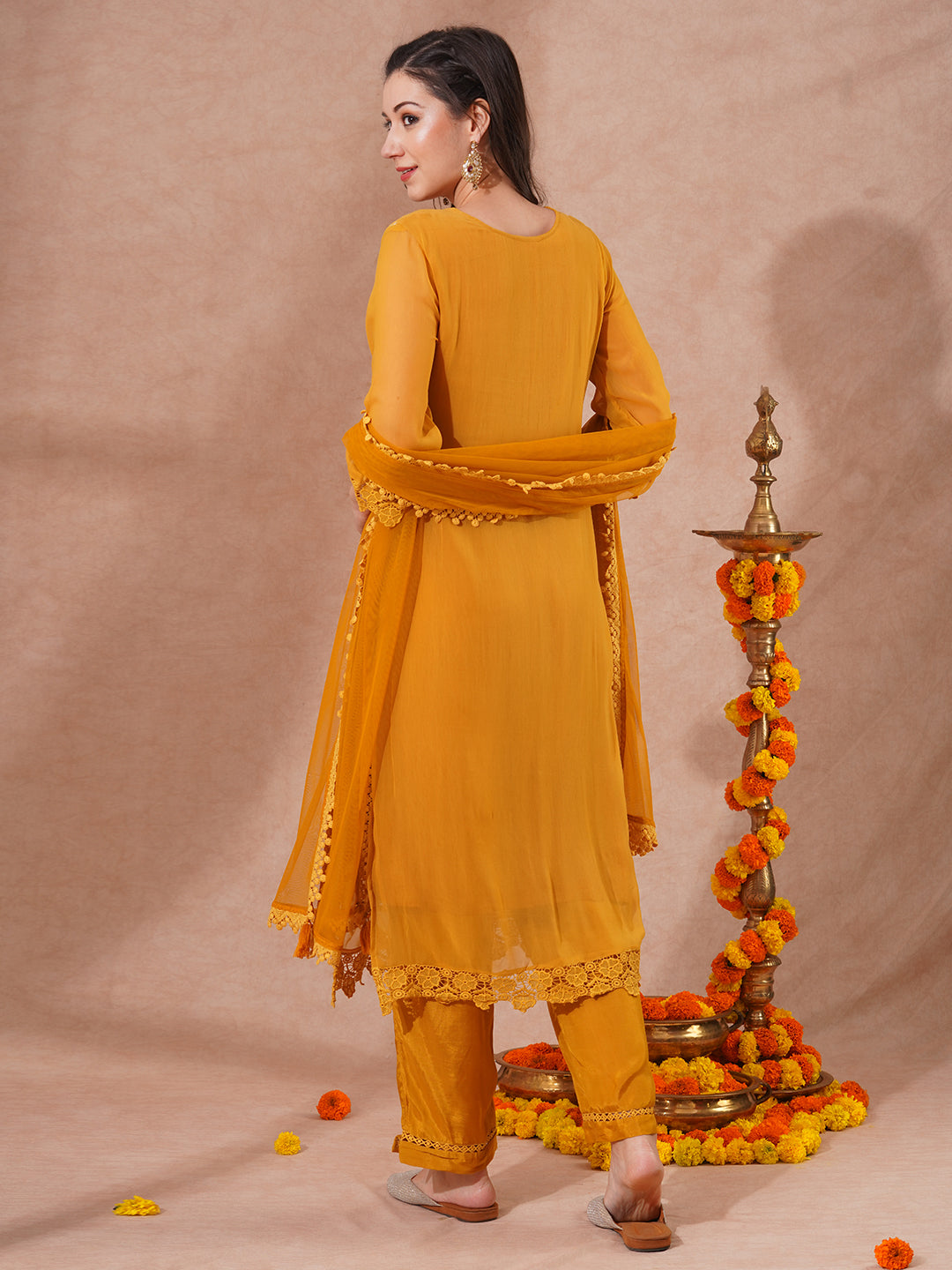 Floral Embroidered Straight Fit Kurta with Pant & Dupatta - Mustard