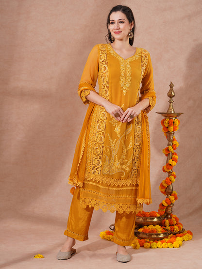 Floral Embroidered Straight Fit Kurta with Pant & Dupatta - Mustard