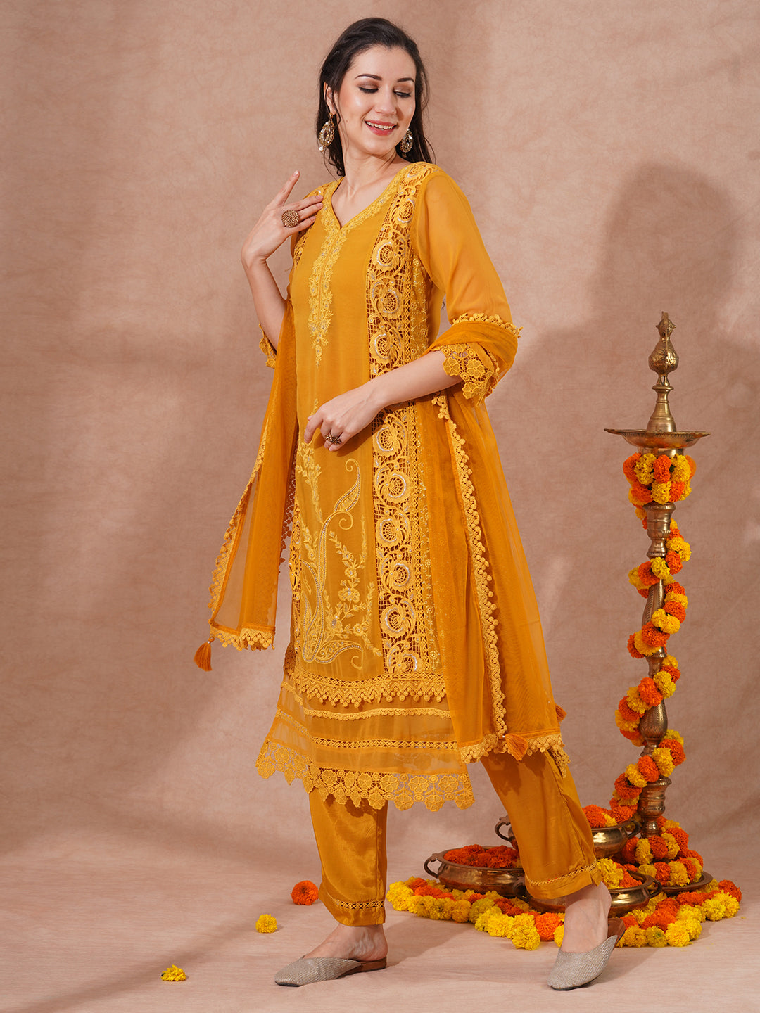 Floral Embroidered Straight Fit Kurta with Pant & Dupatta - Mustard