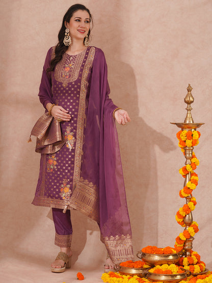 Ethnic Woven & Embroidered Straight Fit Kurta with Pant & Dupatta - Mauve