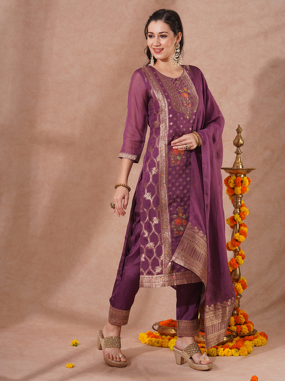 Ethnic Woven & Embroidered Straight Fit Kurta with Pant & Dupatta - Mauve