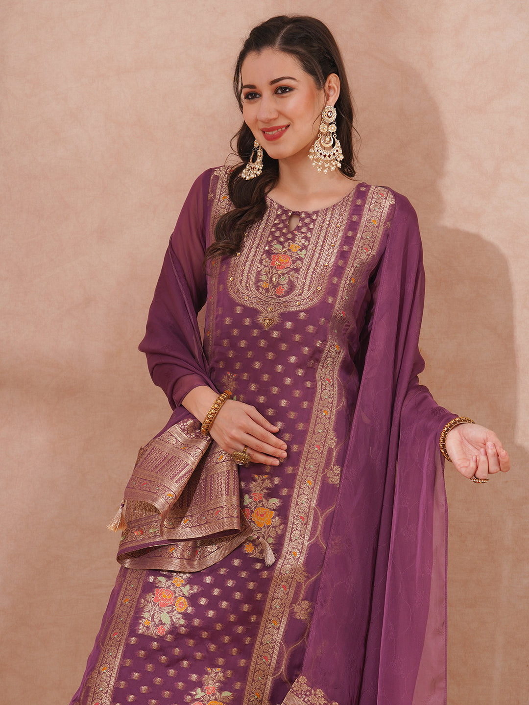 Ethnic Woven & Embroidered Straight Fit Kurta with Pant & Dupatta - Mauve