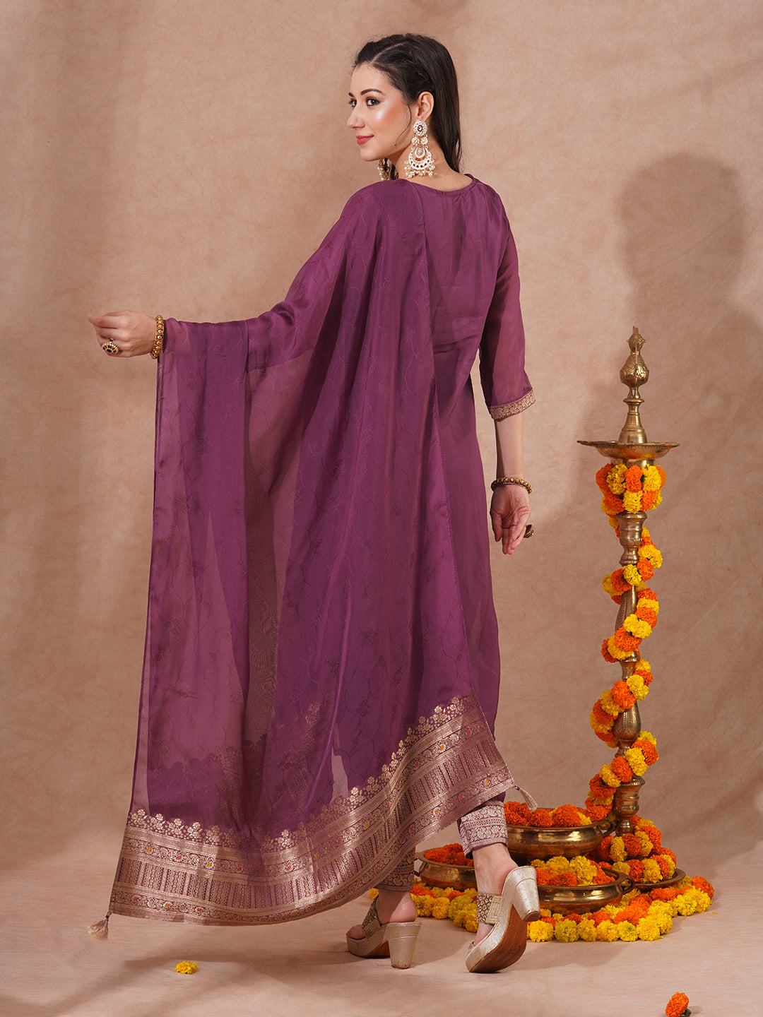 Ethnic Woven & Embroidered Straight Fit Kurta with Pant & Dupatta - Mauve