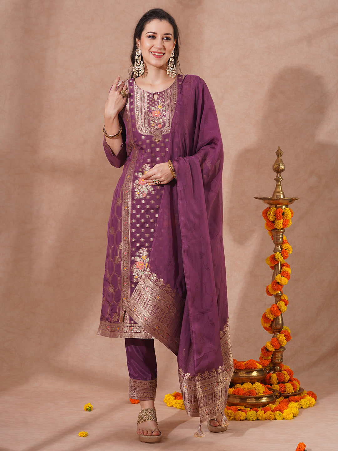 Ethnic Woven & Embroidered Straight Fit Kurta with Pant & Dupatta - Mauve