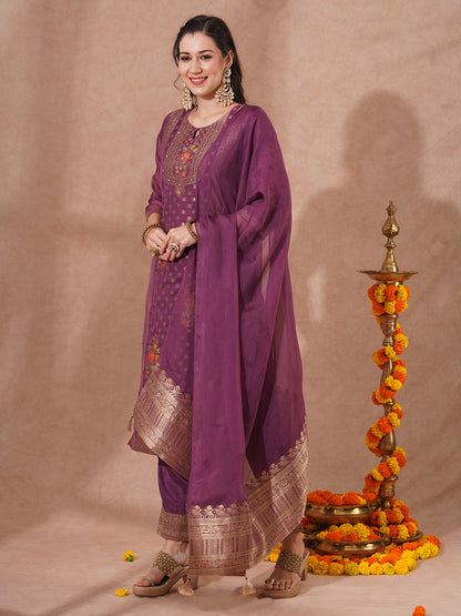 Ethnic Woven & Embroidered Straight Fit Kurta with Pant & Dupatta - Mauve