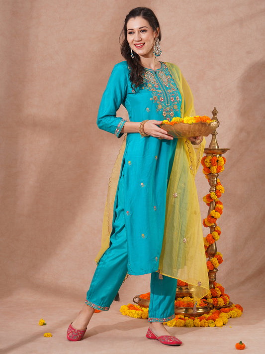 Solid Floral Embroidered Straight Kurta with Pant & Dupatta - Turquoise Blue