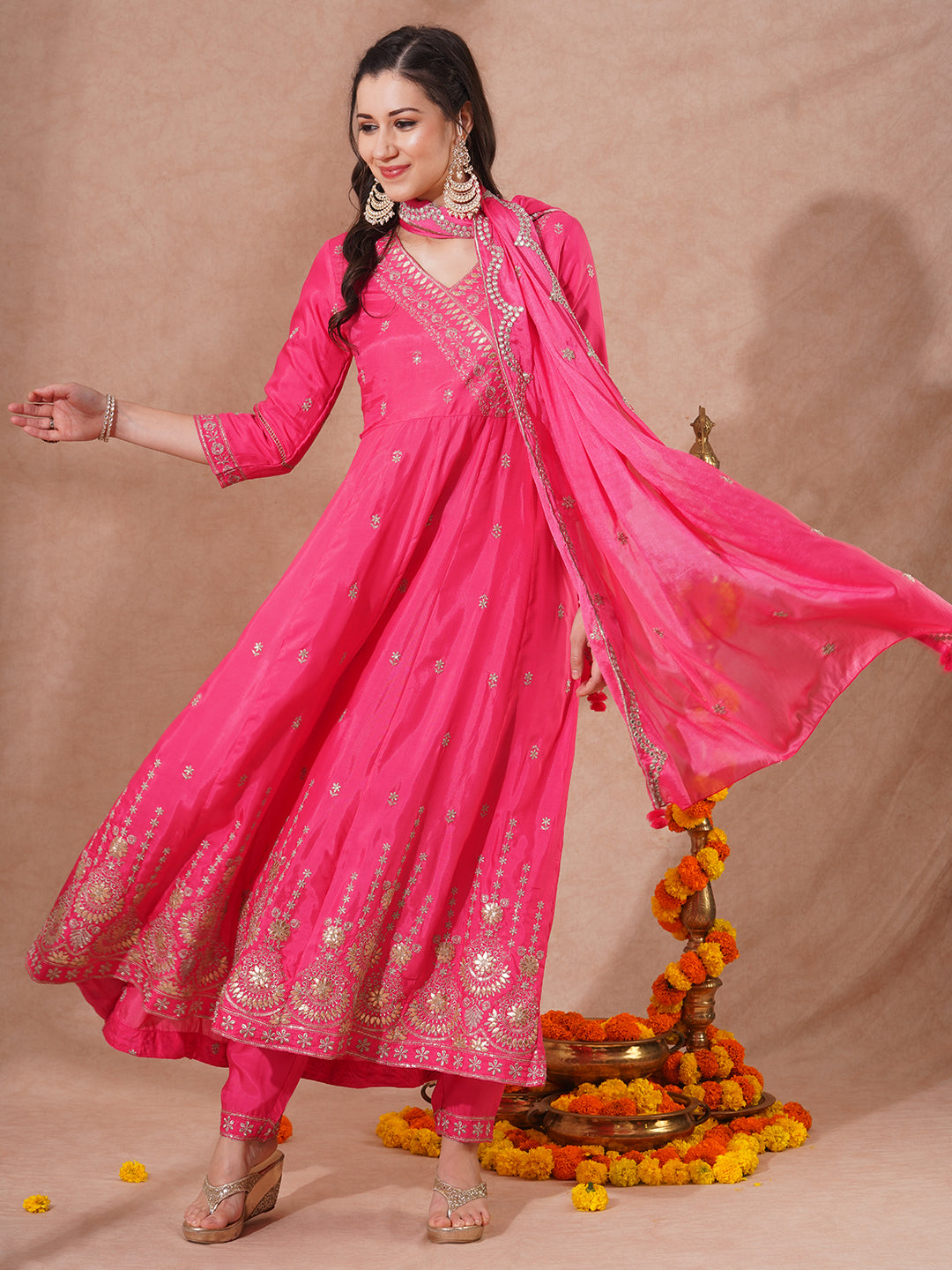 Solid Zari Embroidered Anarkali Flared Kurta with Pant and Dupatta - Pink