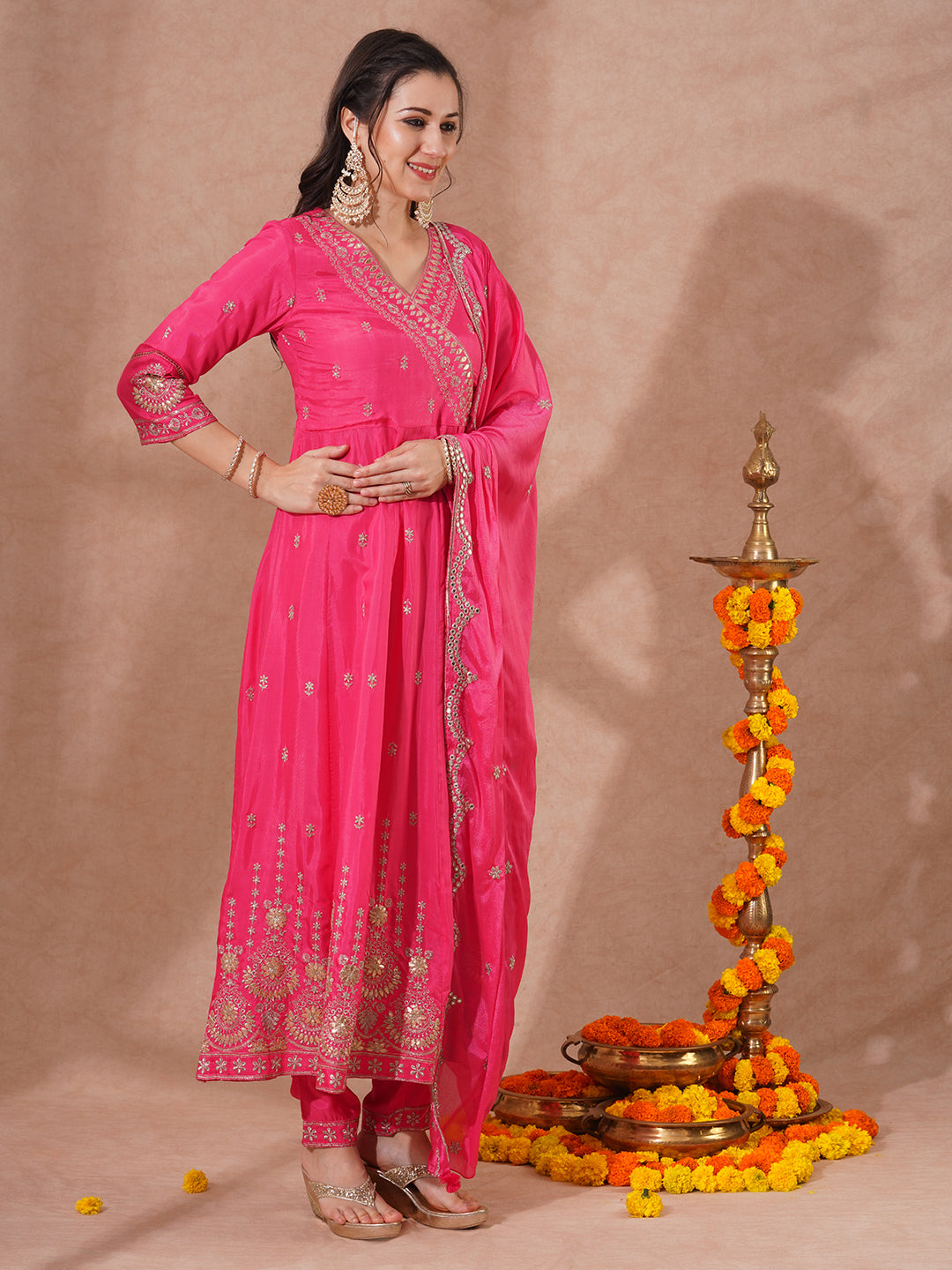 Solid Zari Embroidered Anarkali Flared Kurta with Pant and Dupatta - Pink