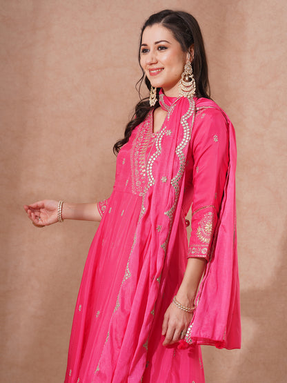 Solid Zari Embroidered Anarkali Flared Kurta with Pant and Dupatta - Pink