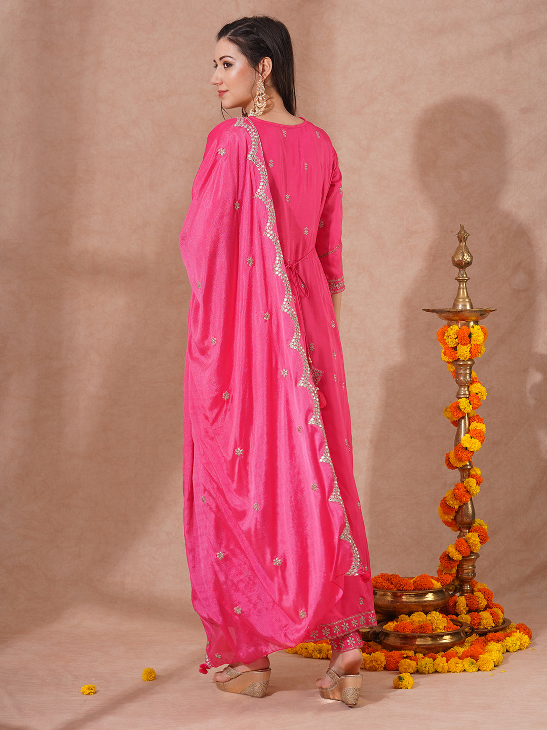 Solid Zari Embroidered Anarkali Flared Kurta with Pant and Dupatta - Pink