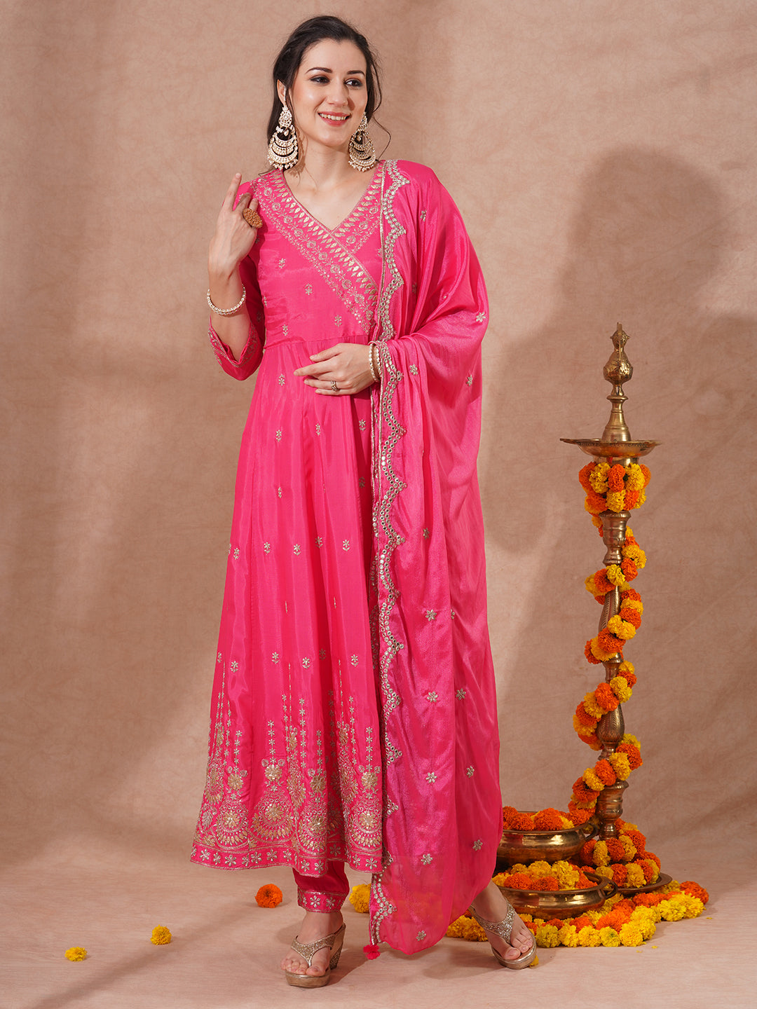 Solid Zari Embroidered Anarkali Flared Kurta with Pant and Dupatta - Pink