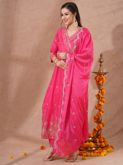 Solid Zari Embroidered Anarkali Flared Kurta with Pant and Dupatta - Pink