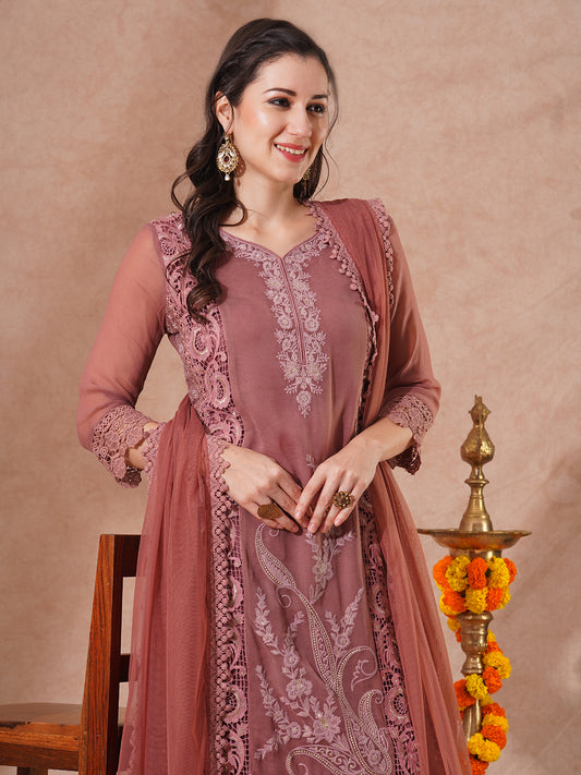 Floral Embroidered Straight Fit Kurta with Pant & Dupatta - Mauve