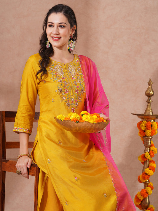 Solid Floral Embroidered Straight Kurta with Pant & Dupatta -Yellow