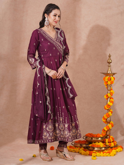 Solid Zari Embroidered Anarkali Flared Kurta with Pant and Dupatta - Burgundy