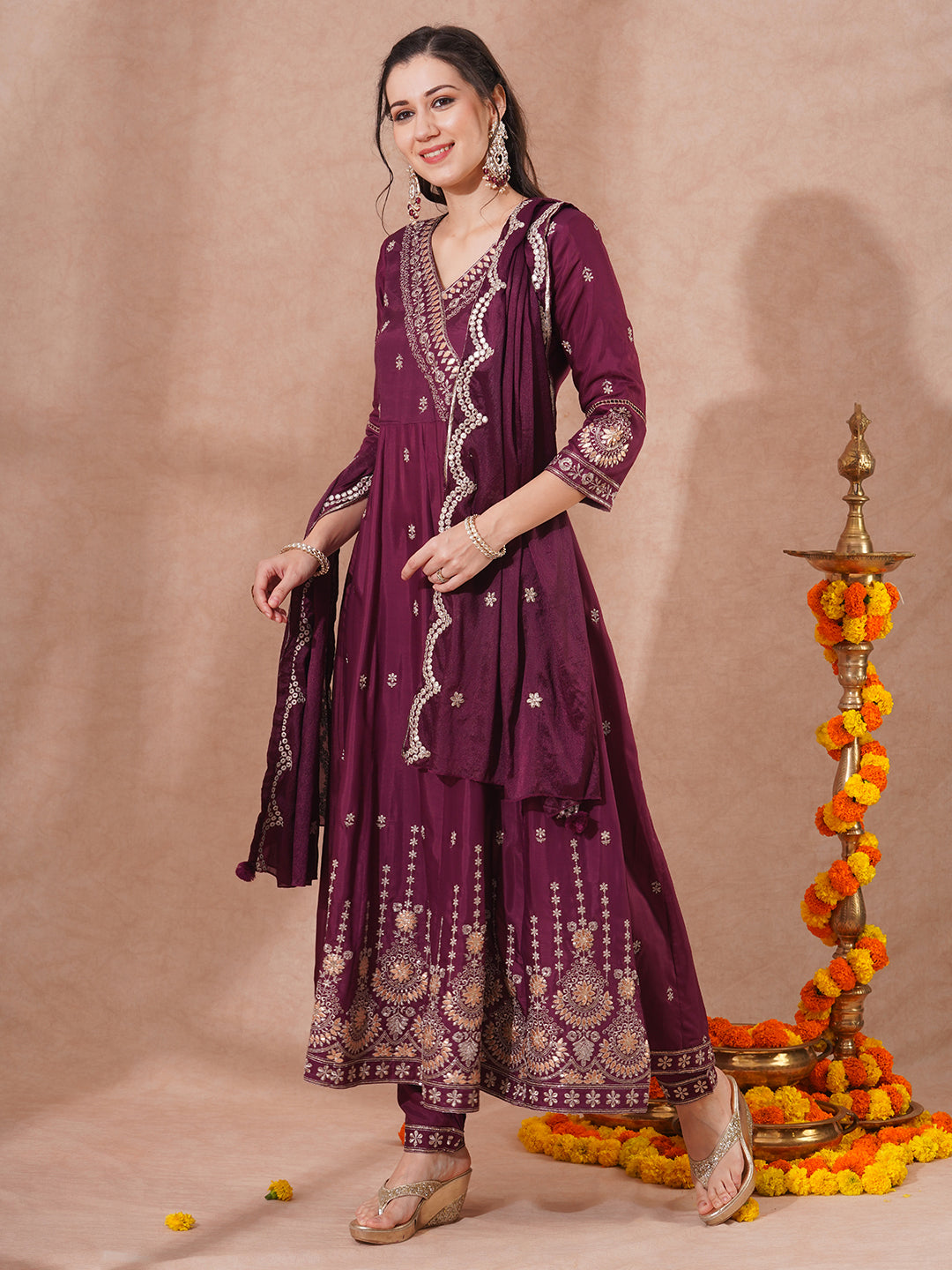 Solid Zari Embroidered Anarkali Flared Kurta with Pant and Dupatta - Burgundy