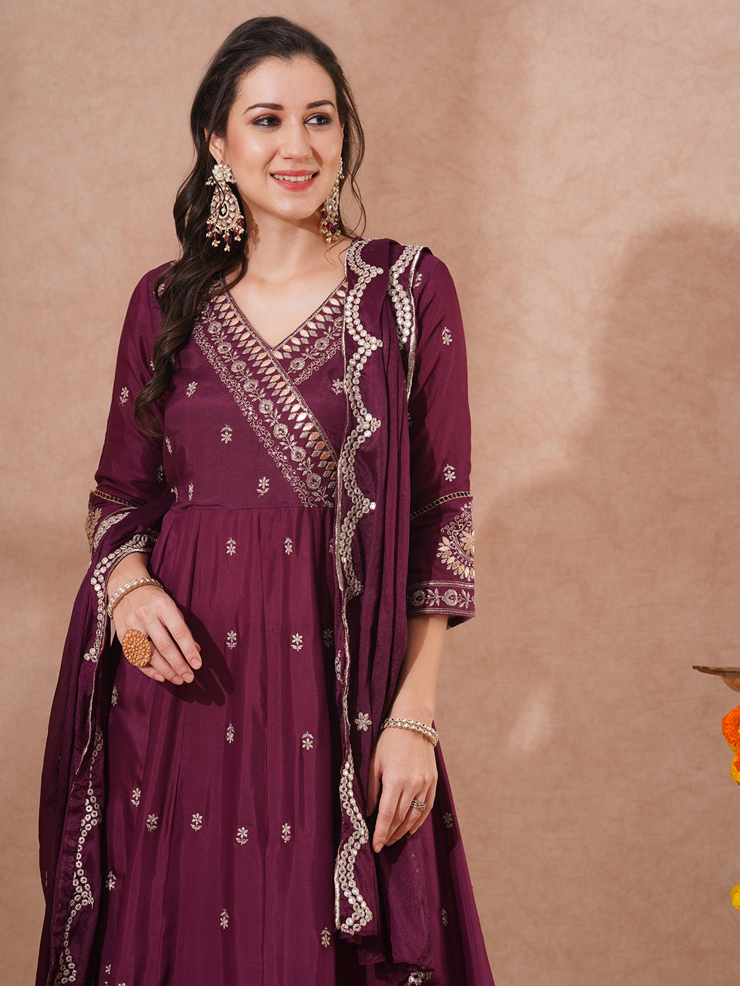 Solid Zari Embroidered Anarkali Flared Kurta with Pant and Dupatta - Burgundy