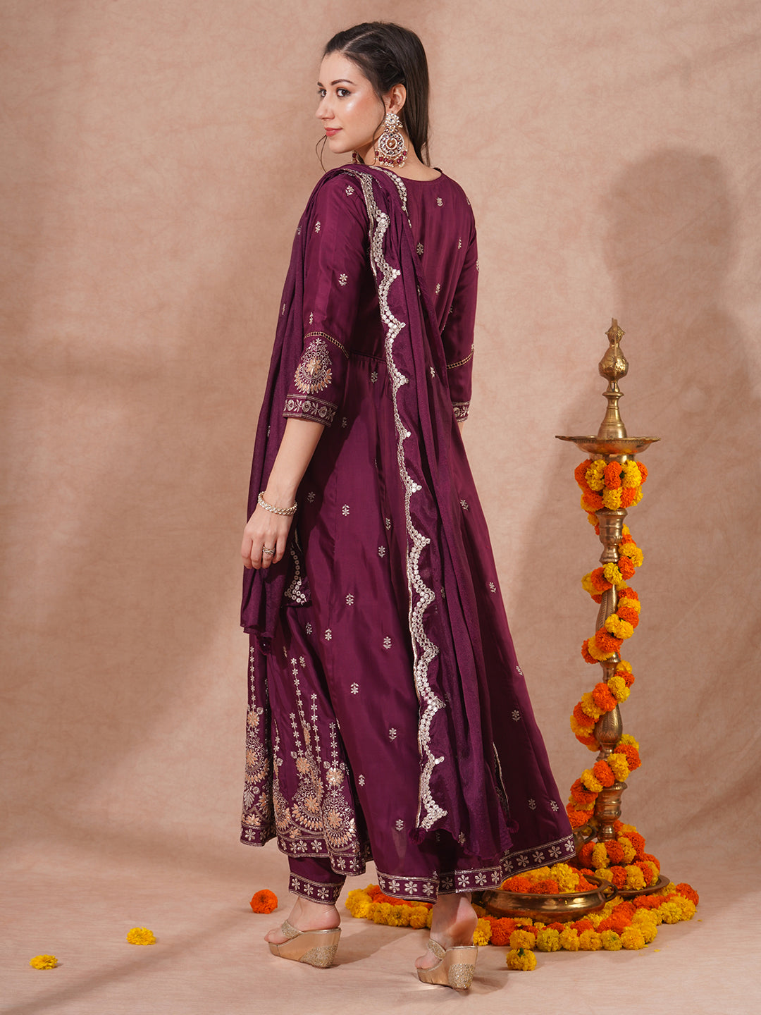 Solid Zari Embroidered Anarkali Flared Kurta with Pant and Dupatta - Burgundy