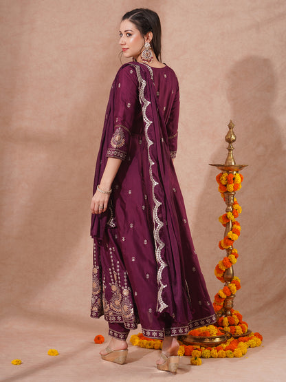 Solid Zari Embroidered Anarkali Flared Kurta with Pant and Dupatta - Burgundy