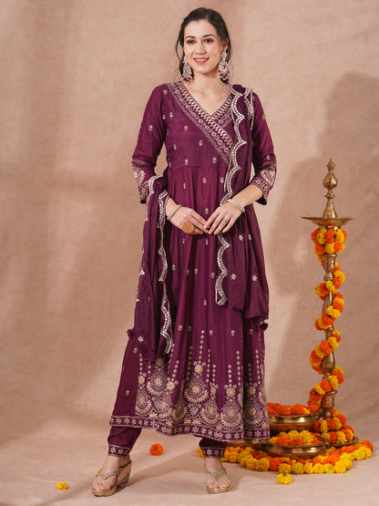 Solid Zari Embroidered Anarkali Flared Kurta with Pant and Dupatta - Burgundy