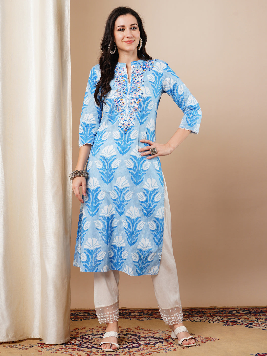 Ethnic Khari Printed & Embroidered Straight Fit Kurta - Blue