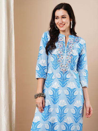 Ethnic Khari Printed & Embroidered Straight Fit Kurta - Blue