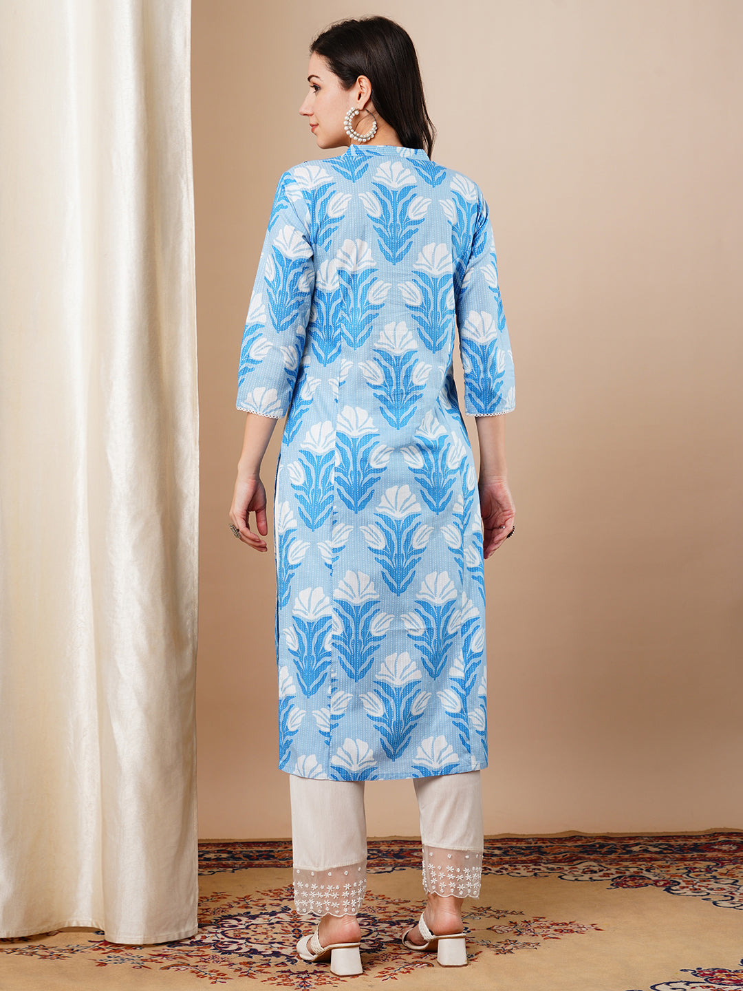 Ethnic Khari Printed & Embroidered Straight Fit Kurta - Blue